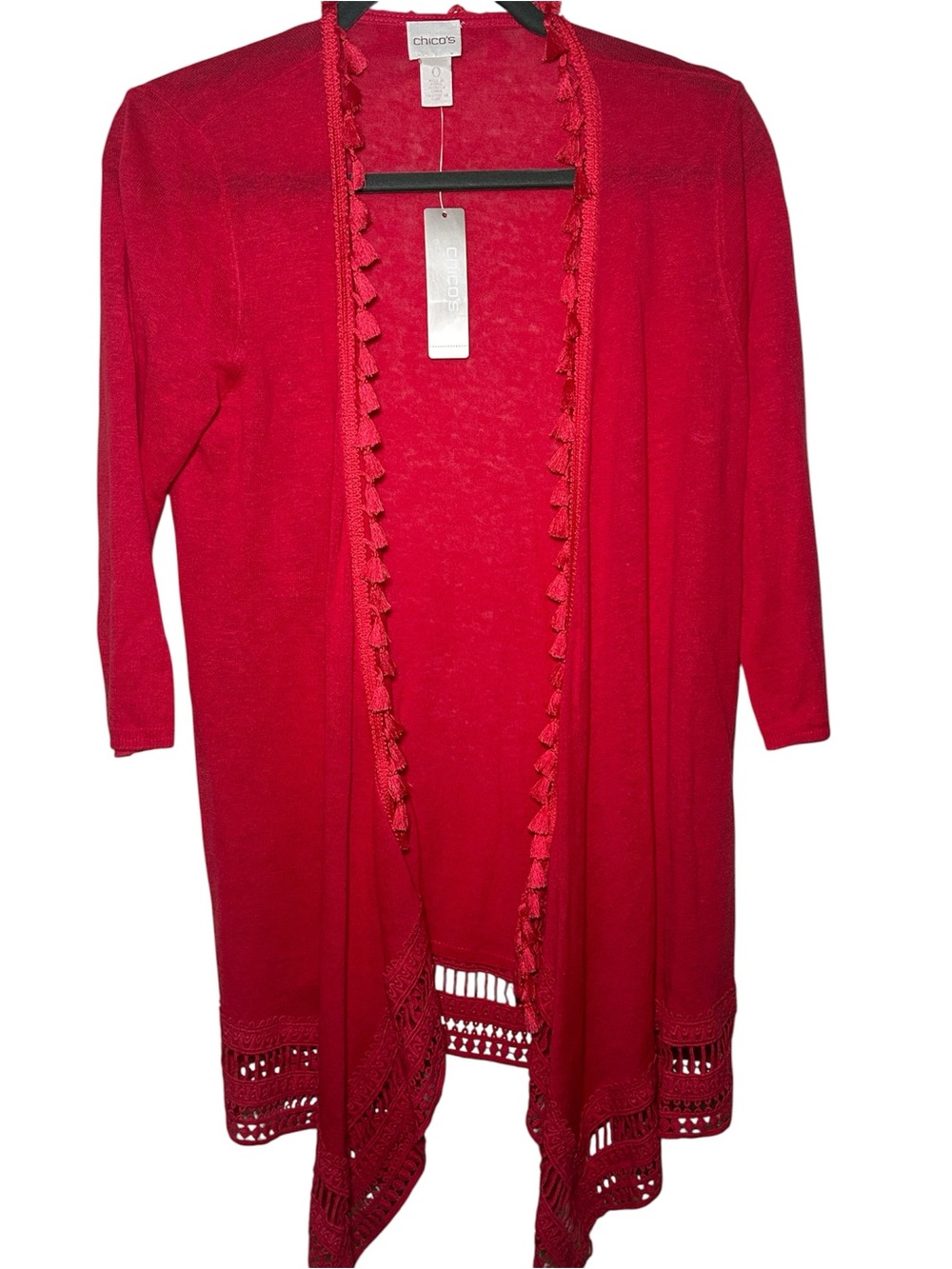Chico's Women’s Red Open-Front Crochet Hem Cardigan Sweater Hobo Festival Whimsy